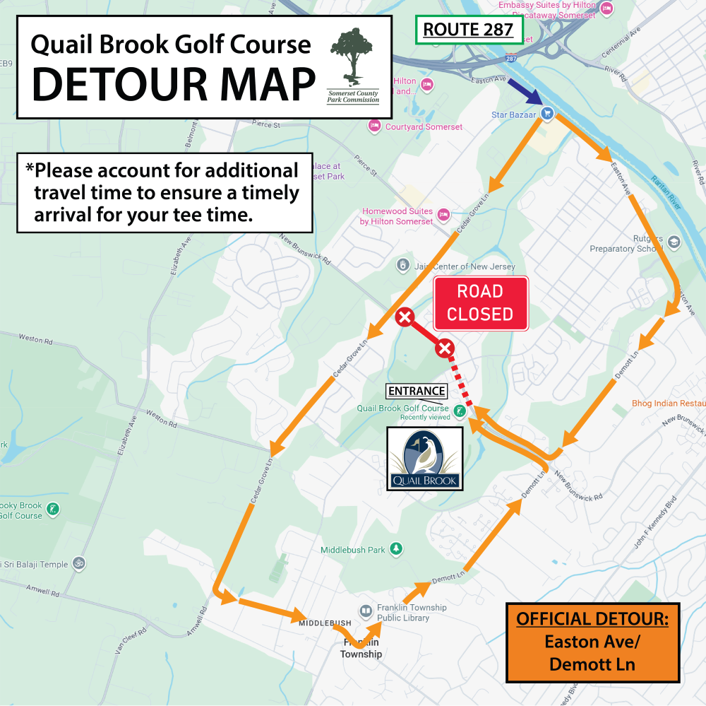 Temporary road detour for Quail Brook Golf Course in Somerset County, NJ